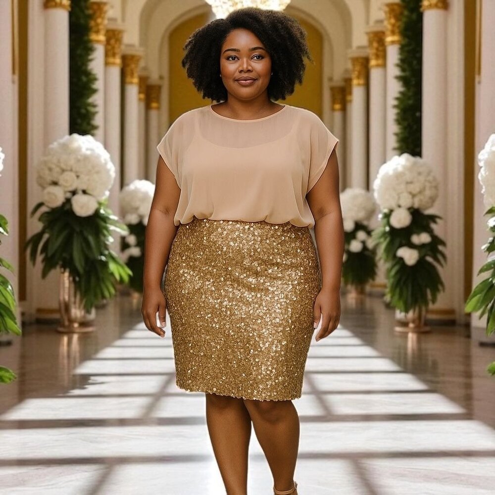 AX Paris Curve Sequin Gold Skirt & Sheer Blush Top Dress 18
